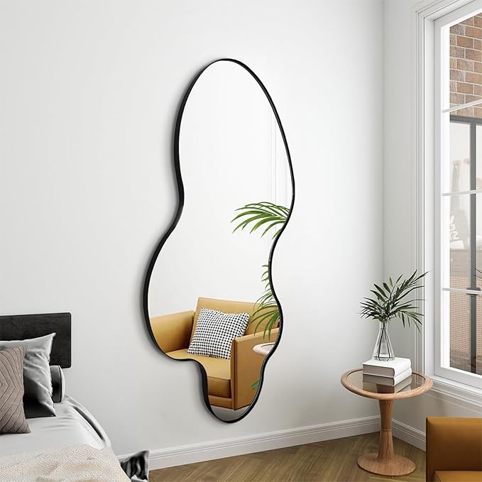 Asymmetrical Wall Mirror, 46.5"x24" Irregular Shaped Mirrors with Black Metal Frame, Modern Abstract Decorative Mirrors for Living Room Bathroom Bedroom Hallway Entryway Fireplace