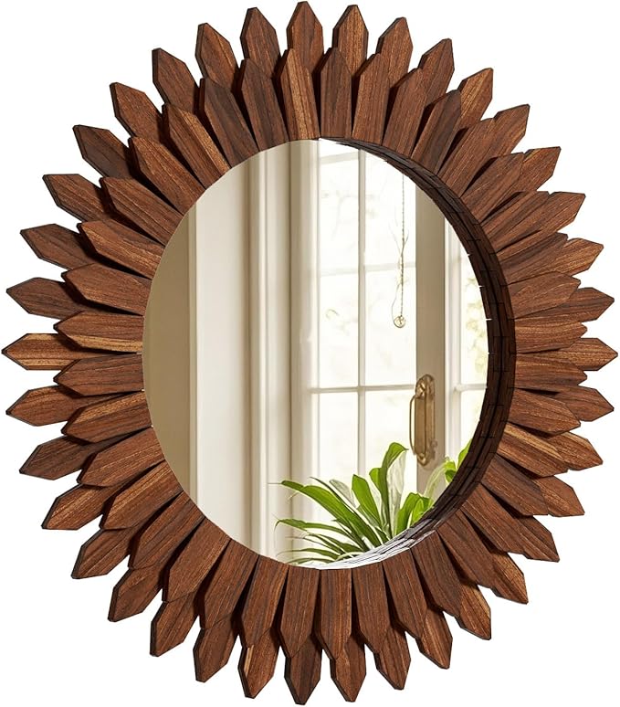 Boho Wood Sunburst Round Wall Mirror, 24 Inch Rustic Circle Wooden Frame Decorative Mirror for Farmhouse Coastal Home, Home Wall Decor for Living Room Entryway Bedroom, Walnut