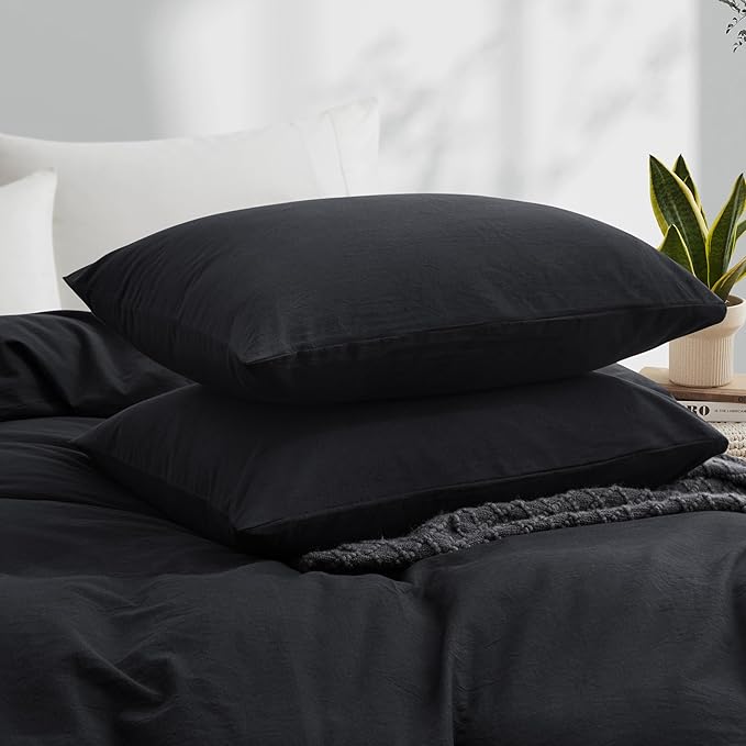 Black Duvet Cover Full Size, 100% Washed Cotton Linen Like Bedding Set with Zipper Closure (No Comforter), 80x90 Inches