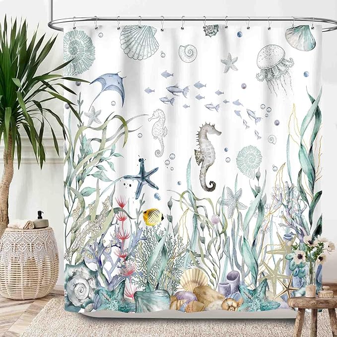 Nautical Beach Shower Curtains,Coastal Seahorse Undersea Animal Blue Green Ocean Coral Summer Beach Theme Bathroom Curtain Waterproof Fabric Machine Washable with Hooks,72x84Inch