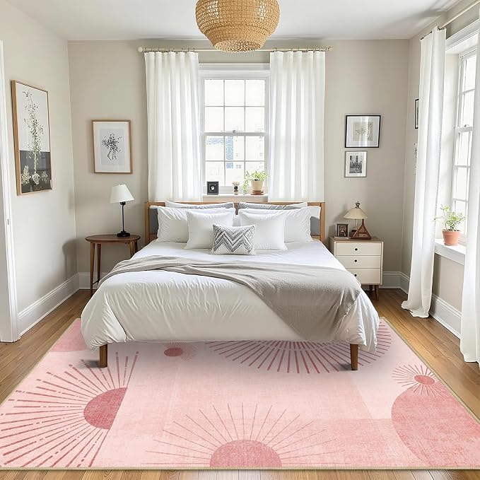 Large Area Rug 6x9 Sun Rug Living Room Mid Century Modern Rugs Machine Washable Boho Geometric Rug Non Slip Printed Low Pile Indoor Floor Carpet for Dining Room Bedroom Office,Pink