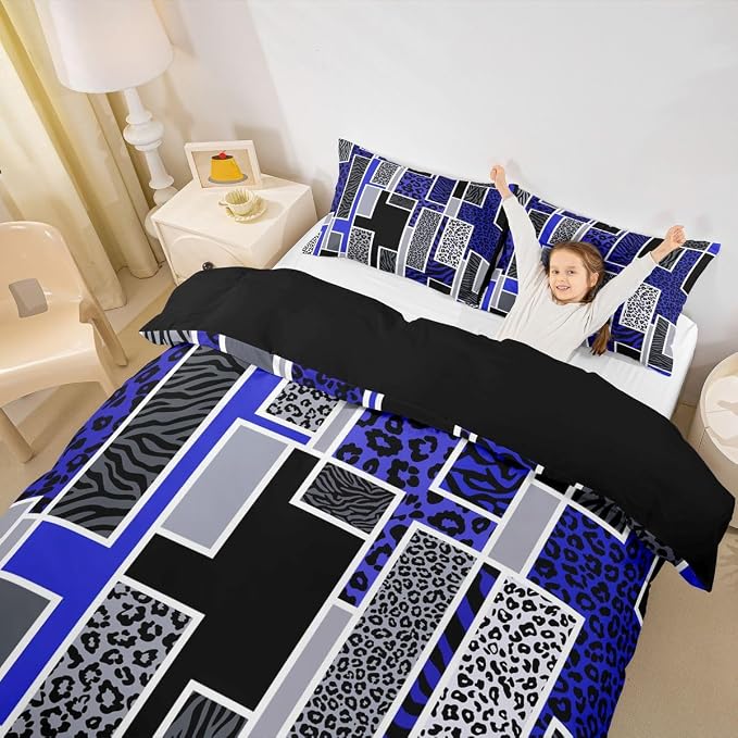 Erosebridal Leopard Print Comforter Cover Twin Zebra Skin Texture Bedding Set Wild Animal Cheetah Print Duvet Cover for Kids Teen Adults,Blue Black Grey Geometric Bed Set