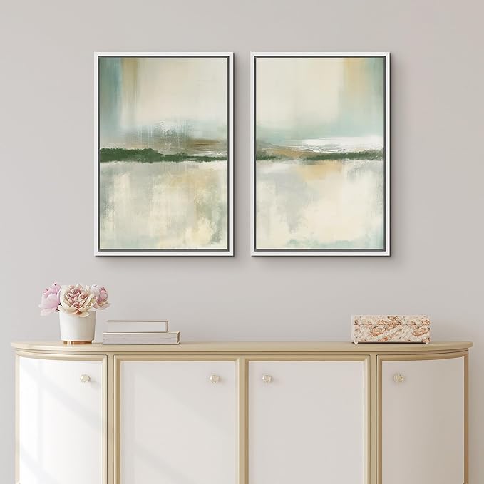 IDEA4WALL Framed Canvas Print Wall Art Set Serene Lake Landscape Abstract Illustrations Modern Art Decorative Coastal Cottage Seascape for Bedroom - 24"x36"x2 White