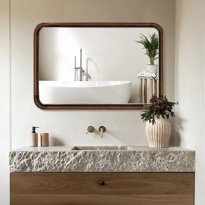 Wood Bathroom Mirror for Wall,Rectangle 24 x 36 inch Hanging Vanity Brown Tempered Mirrors with Rounded Corner for Living Room,Bedroom,Entryway (Walnut, 24x36 Inch)