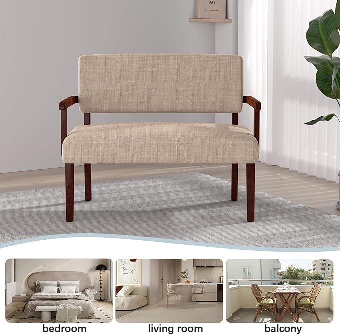 Accent Chair 2 Seat, Upholstered Reading Leisure Chair, Bench with Solid Wood Frame for Dining, Reading,Waiting Rooms (Beige)