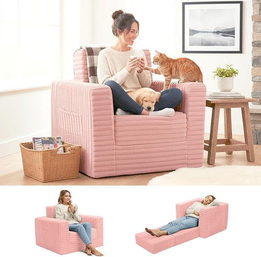 Welnow Folding Sofa Bed with Ottoman, Convertible 2-in-1 Boneless Couch Futon Lounge Chair Bed for Adults, Comfy Fold Out Sleeper Sofa for Small Spaces, Living Room, Bedroom, or Dorm, Pink