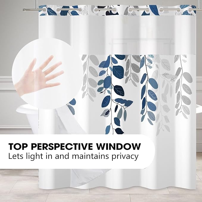 No Hook Eucalyptus Shower Curtain with Snap in Liner Blue Leaves Plant Shower Curtain with Liner Double Layers Hotel Fabric Washable 71x74 Inch