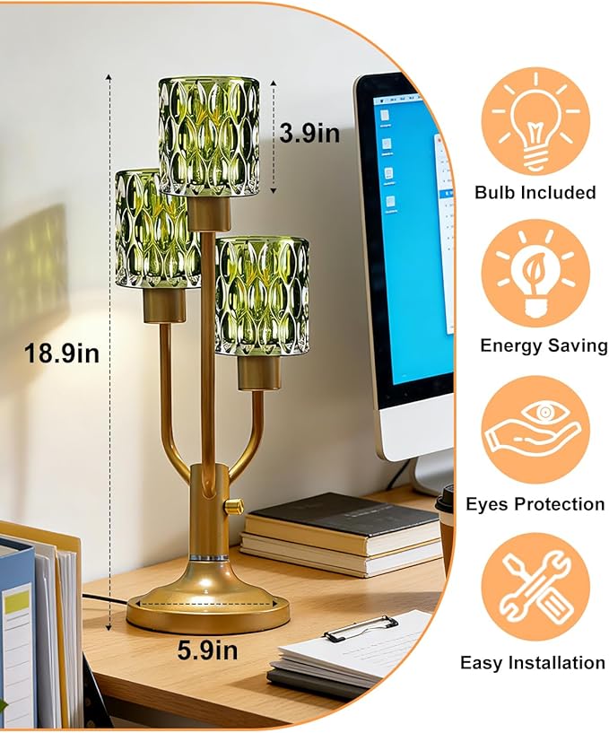 Lightdot Mid Century Modern Table Lamp for Living Room Dimmable Nightstand Lamp Gold Vintage Desk Lamp Green Glass 3 Bulbs Included Warmwhite Ambient Bedside Lamp for Bedroom Home Office Decor Gift