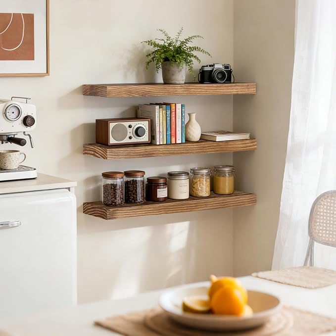 Floating Wall Shelves 24x6.8x1.7 Inch – Solid Wood Rustic Shelves in Dark Oak Finish – Wall Mounted Display Shelf for Bathroom, Kitchen, Bedroom – Set of 3