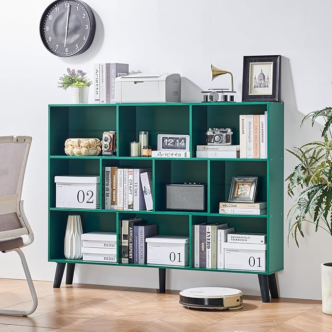 LEYAOYAO 10 Cube Bookshelf, 3 Tier Vintage 55" Wide Bookcase with Legs, Mid-Century Wood Bookshelves Storage, Dark Green Large Book Case, Freestanding Organizer Display Shelf for Living Room, Office