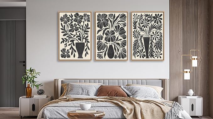 arteWOODS Botanical Framed Wall Art - Neutral Abstract Pictures Vintage Boho Floral Wall Decor Black Beige Minimalist Prints Aesthetic Vase Flowers Painting Artwork 16" x 24" Set of 3 Natural Framed