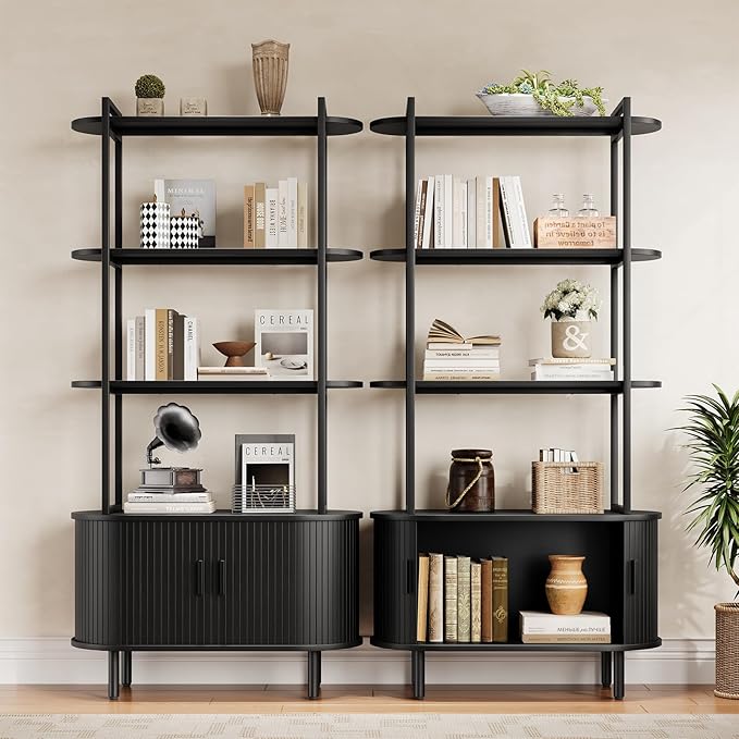 4 Tier Tall Bookshelf with Cabinet, Fluted Bookcase with Sliding Door, Metal and Wood Display Shelf, Free Standing Storage Shelving Unit, Corner Storage Organizer for Living Room, Home Office, Black