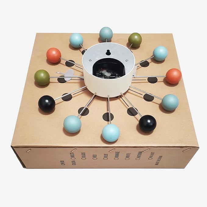 Wood Ball Wall Clock Mid Century Modern Silent Non Ticking Battery Operated 13 Inch Decorative Pop Color Quartz Clocks for Living Room Office Kitchen