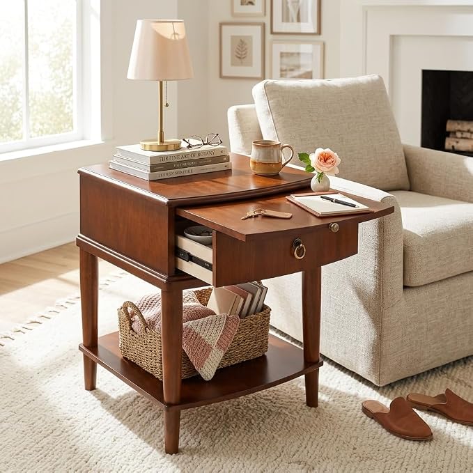 2-Set Traditional Wood End Table with Drawer and Storage Shelf, Hardwood Beside Table with Pull-Out Divider, Modern Vintage Sofa Chair Side Table Nightstand for Living Room Bedroom, Cherry Brown