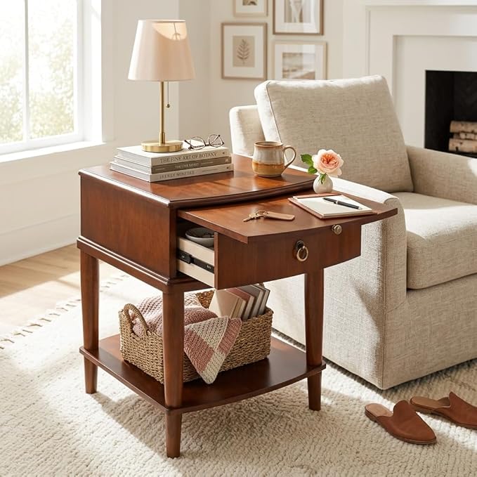Traditional Wood End Table with Drawer and Storage Shelf, Hardwood Beside Table with Pull-Out Divider, Modern Vintage Sofa Chair Side Table Nightstand for Living Room Bedroom, Cherry Brown 1569MG