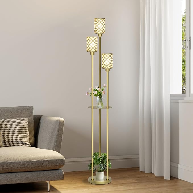 Gold Floor Lamps for Living Room, Standing Floor Lamp with shelves, Tall Lamp with Table, Modern Mid Century Floor Lamp with E26 Base, Coner Crystal Floor Light for Bedroom (Without Bulb) (Gold)