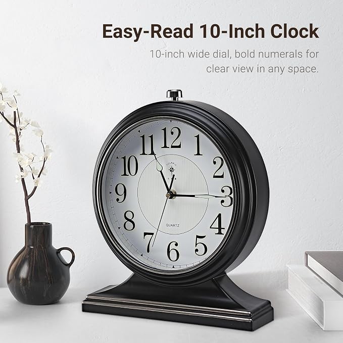 10-inch Vintage Mantel Desk Clock, Silent Desk Clock for Living Room Décor, Easy to Read Larege Retro Mantel Clocks for Fireplace and Shelf Decoration.(Black)