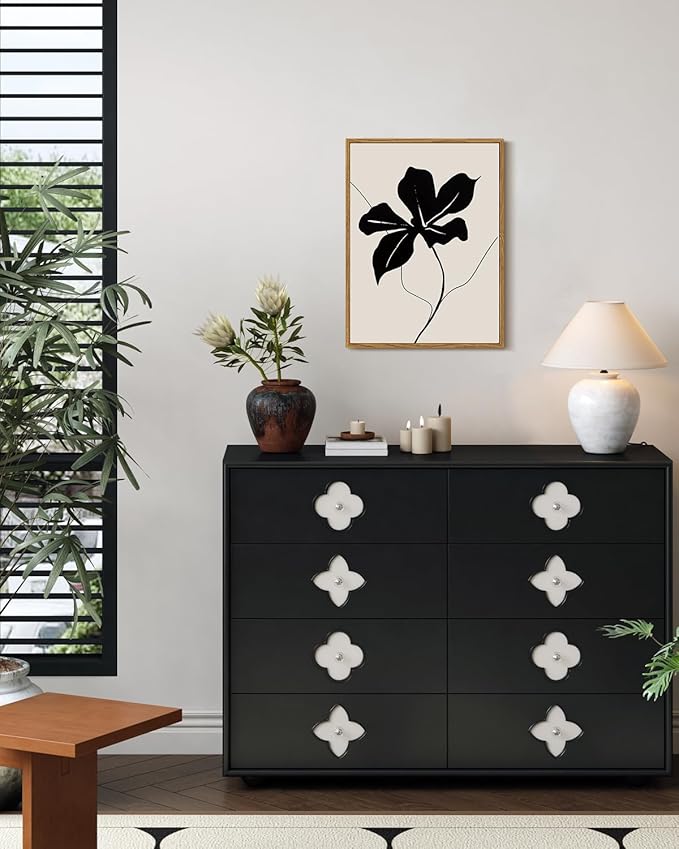 ARPEOTCY Vintage Framed Canvas Wall Art, Black Abstract Minimalist Flower Art Prints Home Decor Aesthetic, Rustic Mid Century Oil Paintings for Bedroom Bathroom Decor,12x16inch