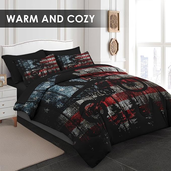 WeCozy 5 Pcs Twin Size Comforter Set with Pillowcase & Sham, American Flag Wood Vintage Motocross Bedding for Kids and Adults, America Motorcycle Bed in a Bag with Flat Fitted Sheet