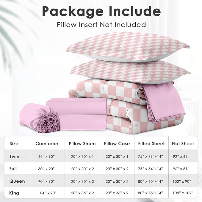 5Pcs Comforter Set Twin Size, Light Pink Checkered Plaid Girly, Bedding Decor Cute Gingham Checkerboard Geometric Bedroom Bed Set Flat Sheet Fitted Sheet Pillowcases Shams for Kids Adults