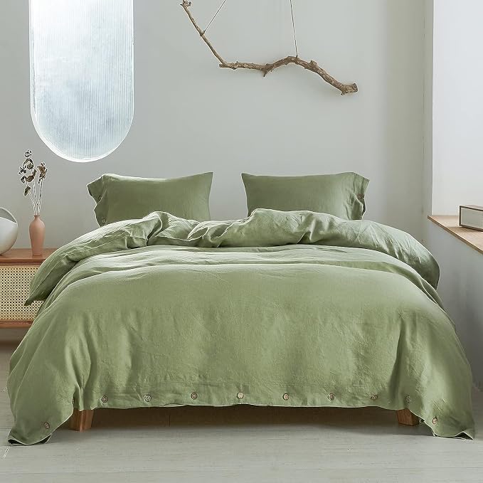 Simple&Opulence 100% Linen Duvet Cover Set 3pcs with Coconut Button Closure Natural French Washed Flax Solid Color Soft Breathable Farmhouse Bedding - Sage Green, King Size