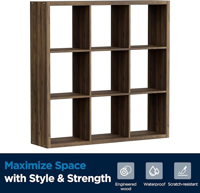 9-Cube Storage Organizer, Wooden Cube Shelf Bookcase with Reinforced Thick Shelves, Heavy-Duty 36.93" L x 9.37" W x 36.93" H, for Living Room Bedroom Home Office, Brown