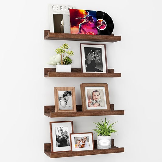 Axeman Picture Ledge Shelf | 16 Inch Walnut Floating Shelves Set of 4 | Rustic Wood Wall Shelves with Lip | 16" Picture Shelves for Wall with Ledge | Walnut Photo Shelves