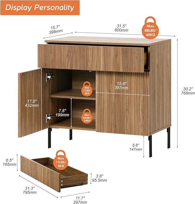 WAMPAT 31.5" Buffet Sideboard Cabinet with Storage, Wood Credenza Console Table with 1 Drawer & 2 Doors, Coffee Bar Cabinet, Wine Bar Storage for Dining Room, Living Room, Light Walnut