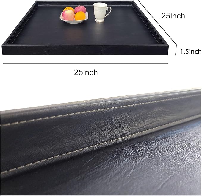 25 x 25 inches Luxury Leather Square Oversized Service Tray, Ottoman & Coffee Tray for Family Dinner, Out-of-House Picnic & Party （25 inch Black）
