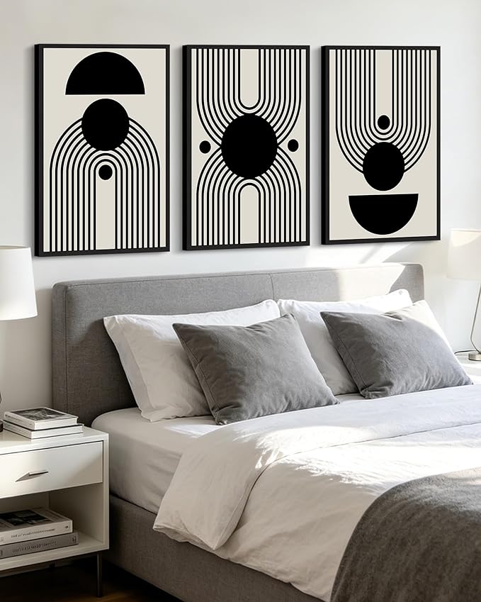 KUVIOKE Black Abstract Framed Wall Art Minimalist Geometry Lines Painting Artwork for Living Room Bedroom 24x36in (Black Framed)