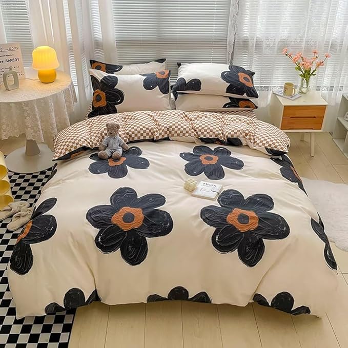 Pureant Black Sunflower Comforter Sets Queen Black and White Floral Bedding Comforters Cotton Women Girls Boho Black Botanical Quilts Large Flower Blankets Garden Adults Teens Bohemian Rustic Bedding