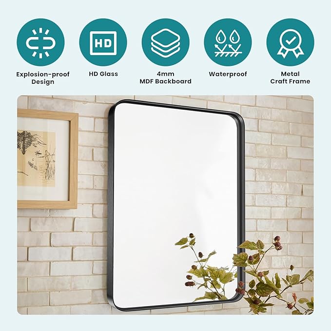 NEWBULIG Wall Mirror, Bathroom Mirror for Over Sink, Matte Metal Framed Vanity Mirror, Wall Decor for Bedroom, Tempered Glass
