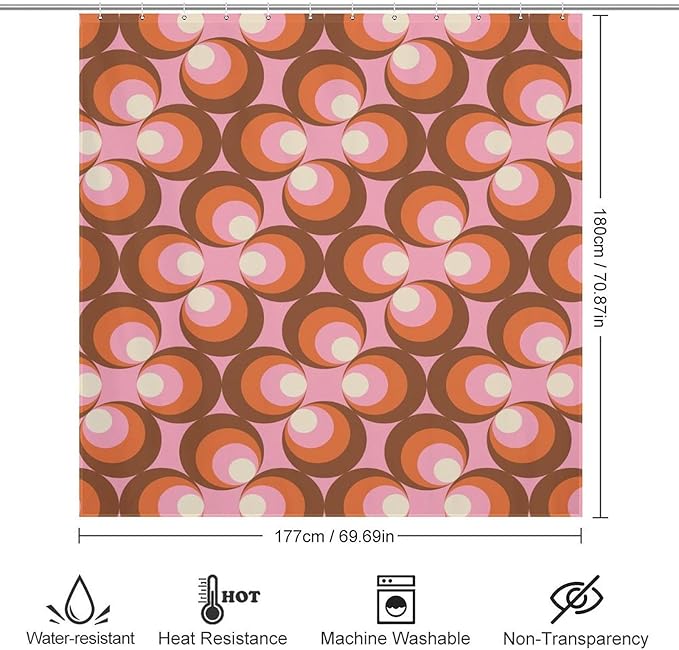 Mid Century Vintage Geometric Shower Curtains Modern Pink Rod Pocket Abstract Geometric Circular Shapes Washable Waterproof Fabric for Bathroom Decor Bathtub with 12 Hooks 72x72in (183x183cm)