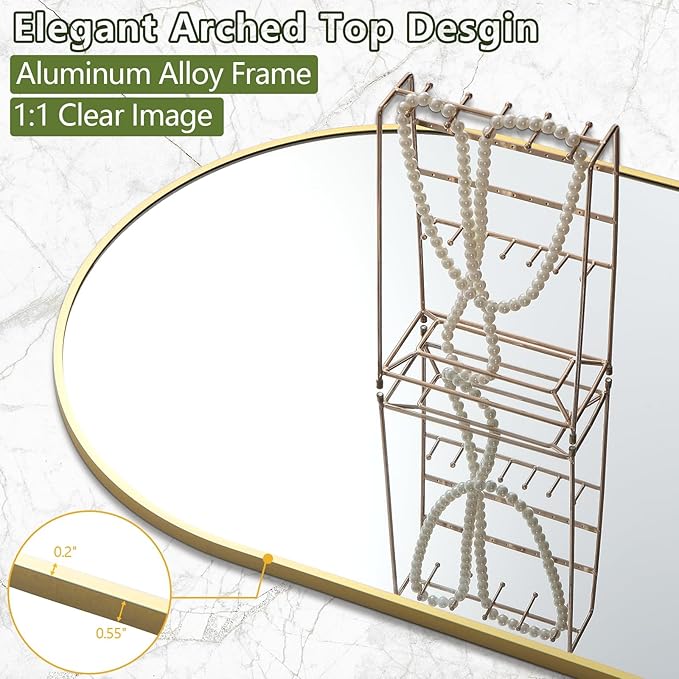 Dewfig Arched Full Length Mirror, 81"x41" Large Floor Mirror with Stand, Oversized Full Body Mirrors for Leaning or Hanging, Wall Mounted Mirrors for Bedroom, Living Room,Dressing Room, Gold