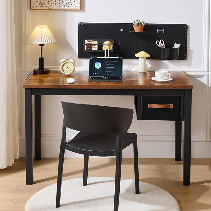 Computer Desk with Drawer, 47 Inch Home Office Work Desks, Modern Writing Study PC Desk Gaming Table for Small Place Bedroom, Thickened Tabletop and Stable Metal Frame Leg（Rustic Brown）