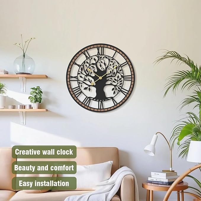 Micasso Wall Clocks Battery Operated: 15Inch Farmhouse Tree of Life Metal with Wood Frame - Rustic Roman Numerals Clock for Living Room/Office/Bedroom/Kitchen - Home Decor for Fashion-Conscious