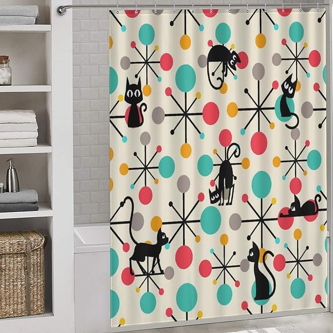 Mid Century Modern Cat Shower Curtain,Abstract Atomic Starburst Geometric Diamond Pattern Shower Curtains Set for Bathroom Fabric Decorative Bath Curtain Washable Curtain Hooks, 72x72 inch