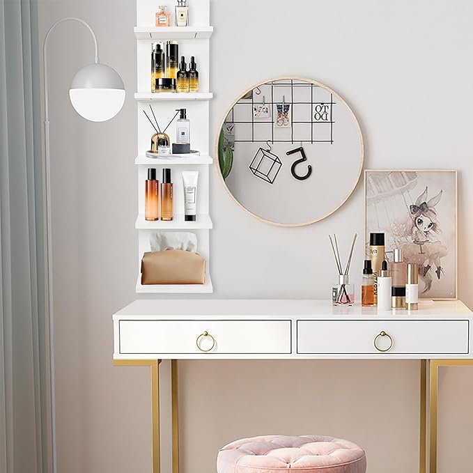 Wooden 5 Tier Wall Shelf,Vertical Column Floating Storage Home Decor Organizer,Floating Shelf Wall Decor Shelves for Bedroom, Living Room,Vanity(White)