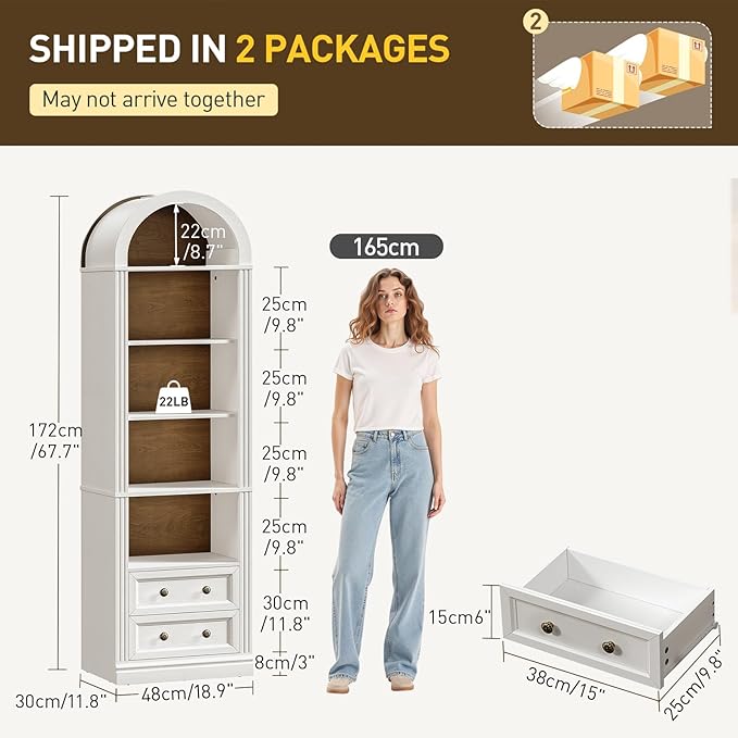 RALGEND Tall Narrow Bookshelf Set of 2, Arched Bookshelf with 2 Drawers, 7-Tier Farmhouse Arch Bookcase, Wooden Book Shelf with Open Display Shelves for Office, Living Room, Walnut and White