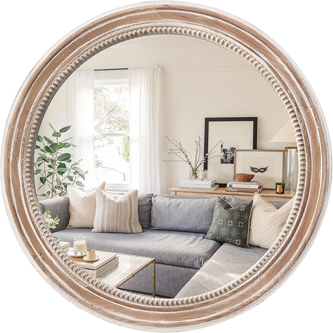 sawsile Round Wood Mirror,28 inch Circle Rustic Farmhouse Natural Wooden Frame Boho Beads Wall Mirror for Bathroom,Living Room,Bedroom or Entryway