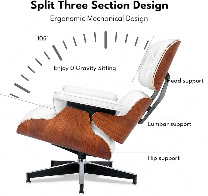 Top Grain Leather, Mid Century Chaise Lounge Chair and Ottoman, Modern Chair Classic Design, Heavy Duty Base Support for Living Room Study Lounge Office, Palisander-White