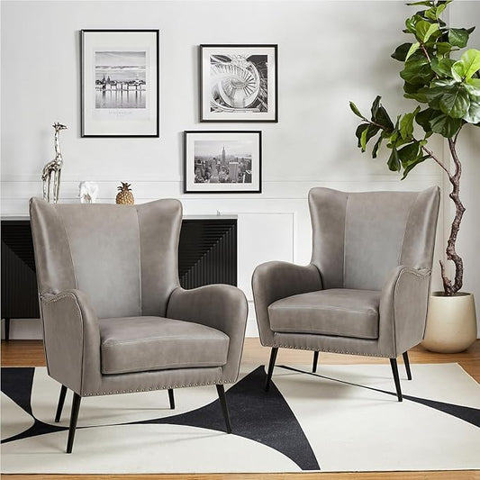 HULALA HOME Faux Leather Accent Chair Set of 2 with Removable Cushion, Comfy Upholstered Armchair with Metal Legs & Nailhead Trim Wingback Vanity Chair for Reading Living Room Bedroom, Grey