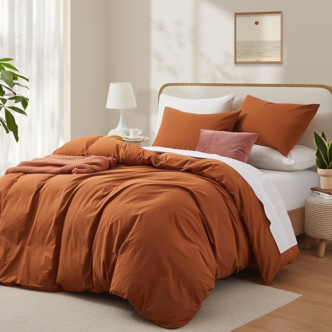 LOVQUE Burnt Orange Cotton Duvet Cover Queen Size, Linen Like Natural Bedding Set with Zipper Closure (No Comforter), 90x90 Inches