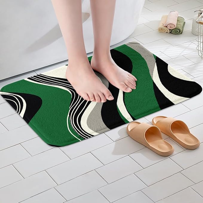 Feelyou Green and Gray Black White Bath Rugs Modern Abstract Geometric Bathroom Rugs Kids Boys Girls Teens Stripe Line Pattern Decor Bath Mats for Bathroom 16"x24" Bathroom Accessories