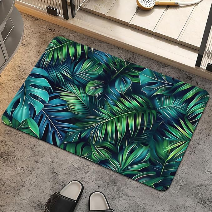 Bath Mat Rug,Green blue tropical leaves Non Slip Quick Dry Super Absorbent Thin Bathroom Rugs Fit Under Door-Easy to clean Bathroom Floor Mats-Shower Rug for Shower Sink Bathtub(17" x 27.5"In)