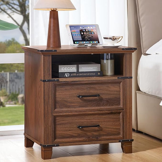 22" Nightstand, Farmhouse Nightstand with 2 Drawers,Industrial Bedside Table with Open Shelf for Bedroom Living Room,Office Bed Side Tables Couch End Table,Brown