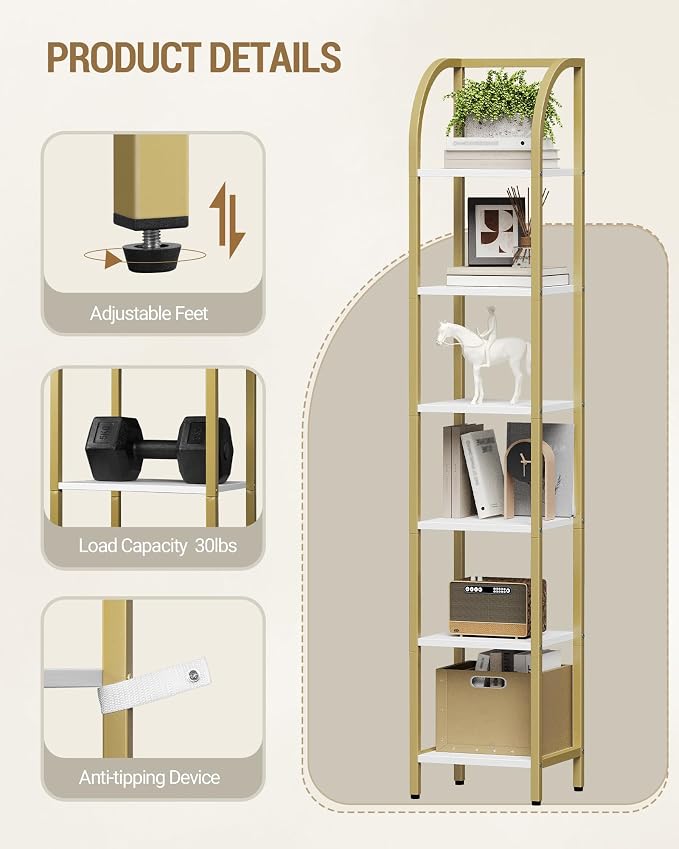 Hzuaneri Bookshelf Bookcase Narrow Bookcase Shelf Organizer with Steel Frame for Study Living Room Bedroom Kitchen Home Office Industrial Bookshelf 6-Tier White Gold BC56013A