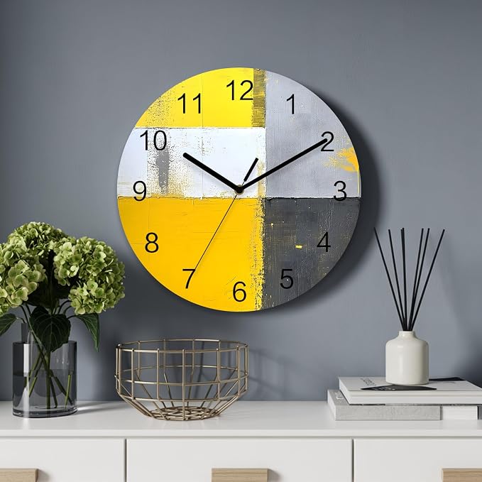 Abstract Style Wall Clock Battery Operated Non-Ticking 12" Round Wood Clocks, Yellow Gary Color Block Oil Painting Kitchen Wall Clock for School Bathroom Living Room Home Office Wall Decor