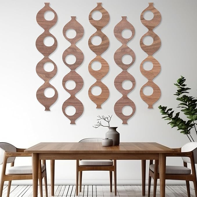 AceOrbit 5Pcs 23.6in Mid Century Wall Art Wood Mid Century Elegance Decor Accents Abstract Wall Sculpture Geometric Panels for Retro 70s Interior Panel Art for Home Living Room Bedroom Decor