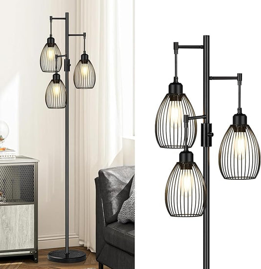 Torondo 70" Dimmable Floor Lamp with Marble Base, 3 x 800LM LED Edison Bulbs Included, Industrial Black Floor Lamps for Living Room, Rustic Tall Lamps Standing Lamp for Bedrooms Living Room